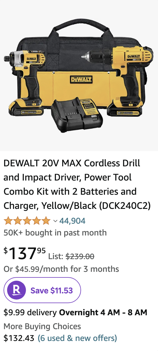 DEWALT 20V MAX Cordless Drill and Impact Driver, Power Tool Combo Kit with 2 Batteries and Charger, Yellow/Black (DCK240C2)