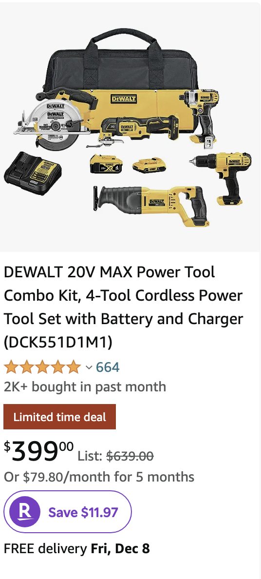 DEWALT 20V MAX Power Tool Combo Kit, 4-Tool Cordless Power Tool Set with Battery and Charger (DCK551D1M1)