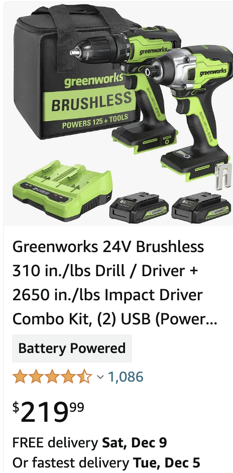 Greenworks 24V Brushless 310 in./lbs Drill / Driver + 2650 in./lbs Impact Driver Combo Kit, (2) USB (Power Bank) Batteries and Dual Port Charger Included LED Light, 2pcs Driving Bits with Tool Bag