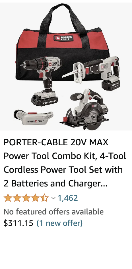 PORTER-CABLE 20V MAX Power Tool Combo Kit, 4-Tool Cordless Power Tool Set with 2 Batteries and Charger (PCCK616L4)