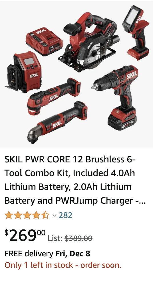 SKIL PWR CORE 12 Brushless 6-Tool Combo Kit, Included 4.0Ah Lithium Battery, 2.0Ah Lithium Battery and PWRJump Charger - CB7434-21