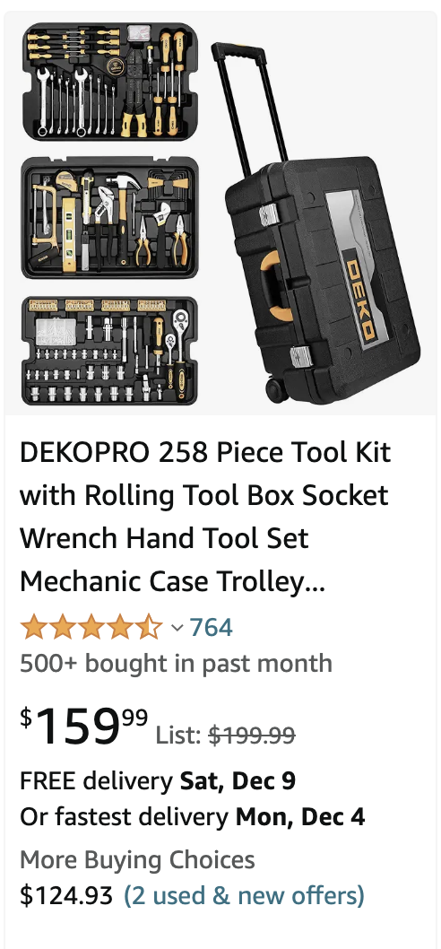 DEKOPRO 258 Piece Tool Kit with Rolling Tool Box Socket Wrench Hand Tool Set Mechanic Case Trolley Portable