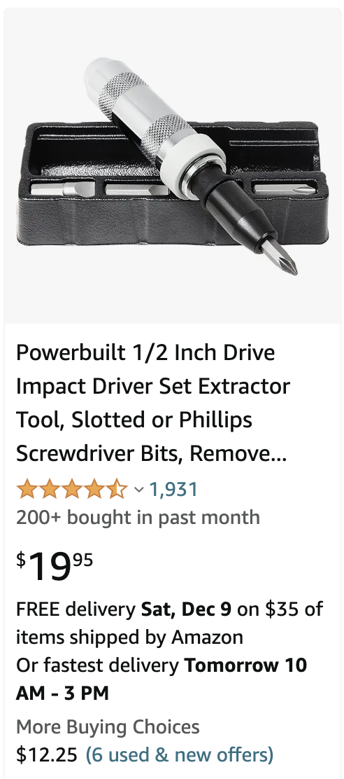 Powerbuilt 1/2 Inch Drive Impact Driver Set Extractor Tool, Slotted or Phillips Screwdriver Bits, Remove