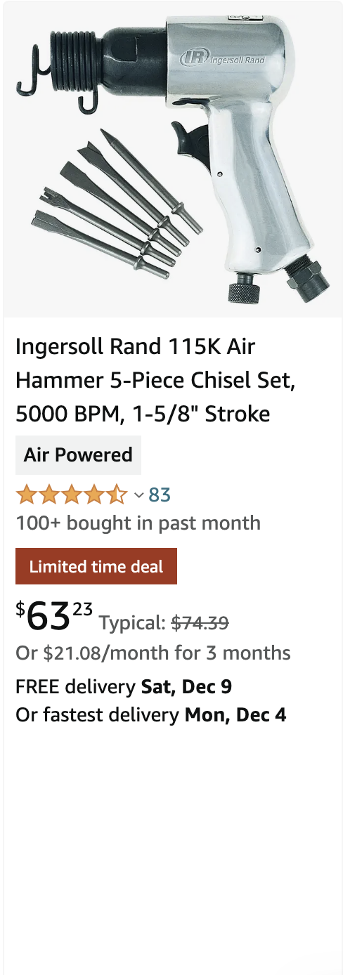 Ingersoll Rand 115K Air Hammer 5-Piece Chisel Set, 5000 BPM, 1-5/8" Stroke