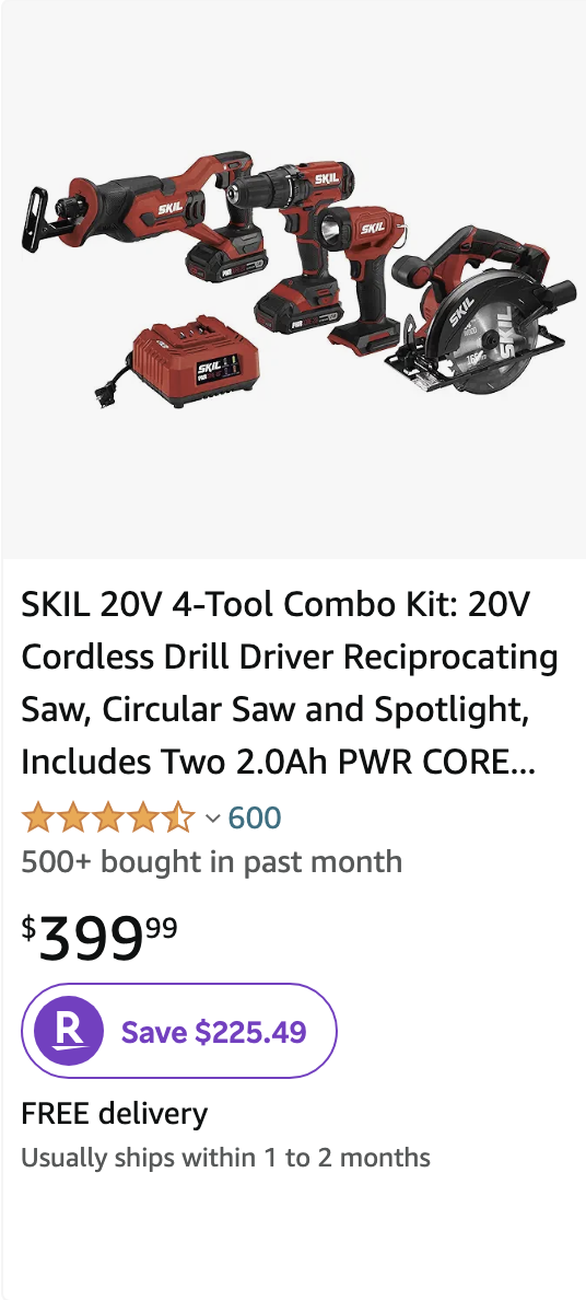 SKIL 20V 4-Tool Combo Kit: 20V Cordless Drill Driver Reciprocating Saw, Circular Saw and Spotlight, Includes Two 2.0Ah PWR CORE