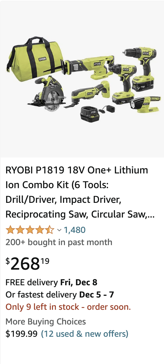 RYOBI P1819 18V One+ Lithium Ion Combo Kit (6 Tools: Drill/Driver, Impact Driver, Reciprocating Saw, Circular Saw, Multi-Tool, LED Worklight, 4.0 Ah & 1.5 Ah Battery, Charger, Bag)