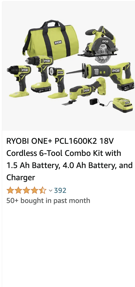 RYOBI ONE+ PCL1600K2 18V Cordless 6-Tool Combo Kit with 1.5 Ah Battery, 4.0 Ah Battery, and Charger