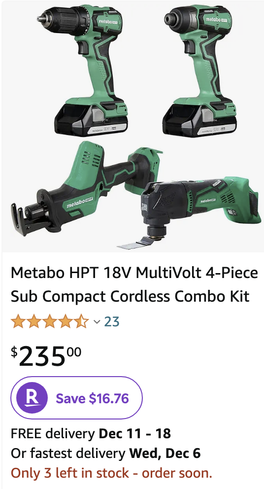 Metabo HPT 18V MultiVolt 4-Piece Sub Compact Cordless Combo Kit