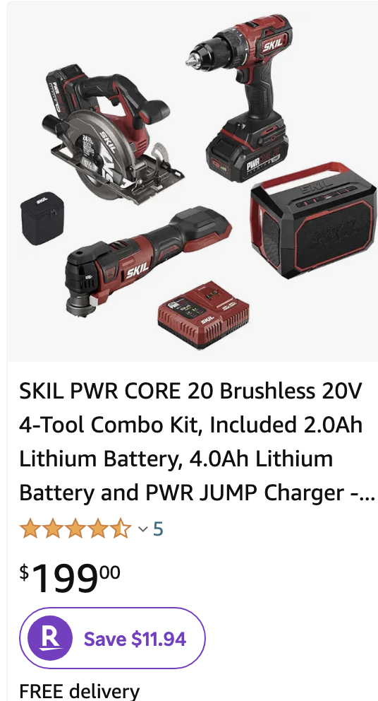 SKIL PWR CORE 20 Brushless 20V 4-Tool Combo Kit, Included 2.0Ah Lithium Battery, 4.0Ah Lithium Battery and PWR JUMP Charger - CB7440-21