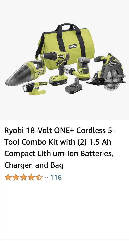 Ryobi 18-Volt ONE+ Cordless 5-Tool Combo Kit with (2) 1.5 Ah Compact Lithium-Ion Batteries, Charger, and Bag