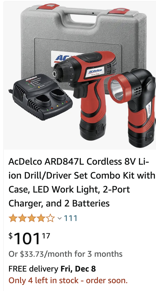 AcDelco ARD847L Cordless 8V Li-ion Drill/Driver Set Combo Kit with Case, LED Work Light, 2-Port Charger, and 2 Batteries