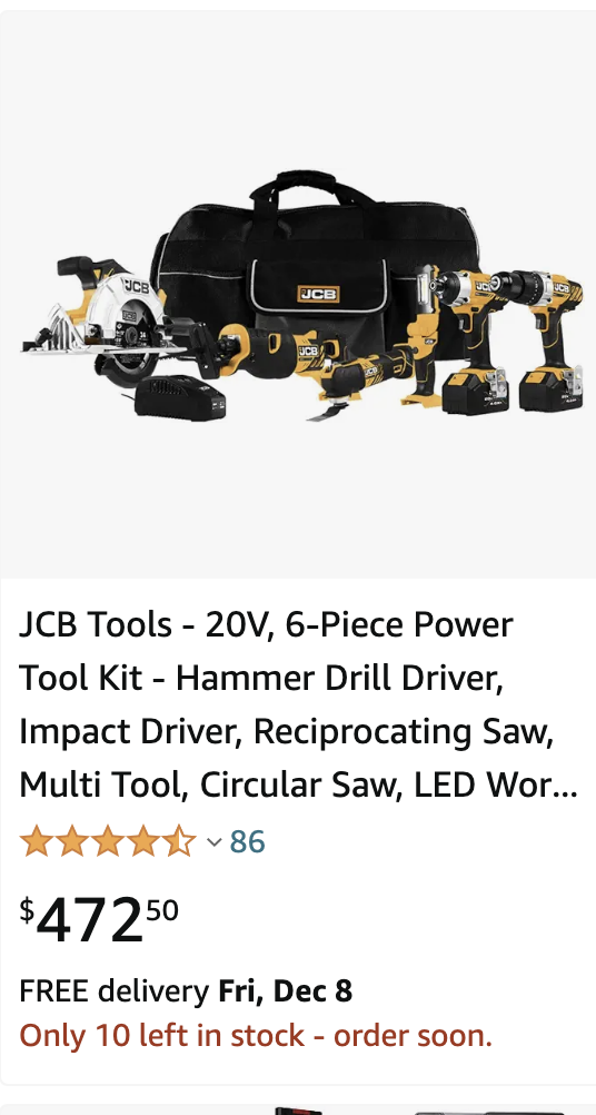 JCB Tools - 20V, 6-Piece Power Tool Kit - Hammer Drill Driver, Impact Driver, Reciprocating Saw, Multi Tool, Circular Saw, LED Work Flashlight, 2 x 4.0Ah Batteries, Fast Charger And Tool Bag