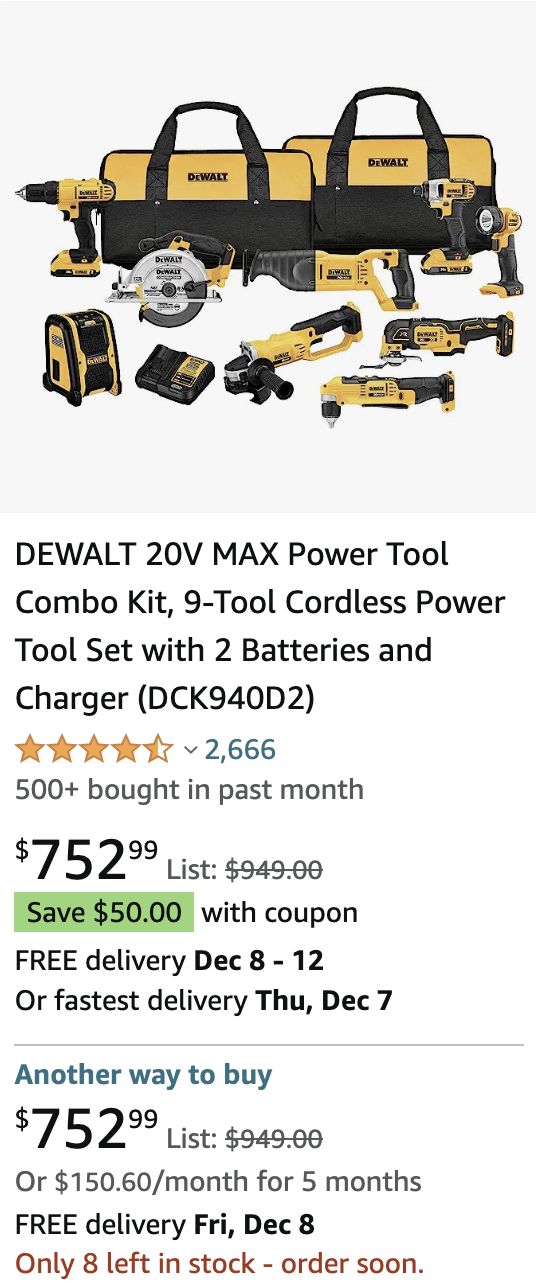 DEWALT 20V MAX Power Tool Combo Kit, 9-Tool Cordless Power Tool Set with 2 Batteries and Charger (DCK940D2)