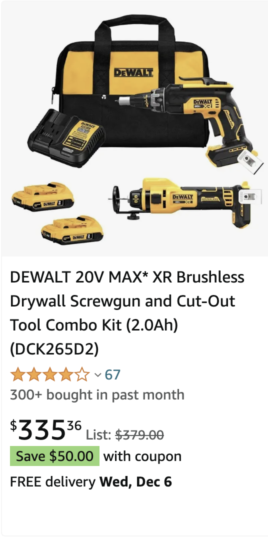 DEWALT 20V MAX* XR Brushless Drywall Screwgun and Cut-Out Tool Combo Kit (2.0Ah) (DCK265D2)