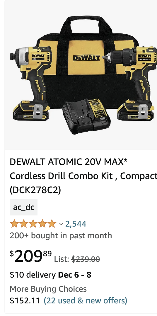 DEWALT ATOMIC 20V MAX* Cordless Drill Combo Kit , Compact (DCK278C2)