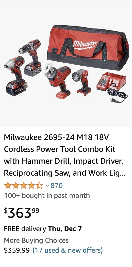 Milwaukee 2695-24 M18 18V Cordless Power Tool Combo Kit with Hammer Drill, Impact Driver, Reciprocating Saw, and Work Light (2 Batteries, Charger, and Tool Case Included)